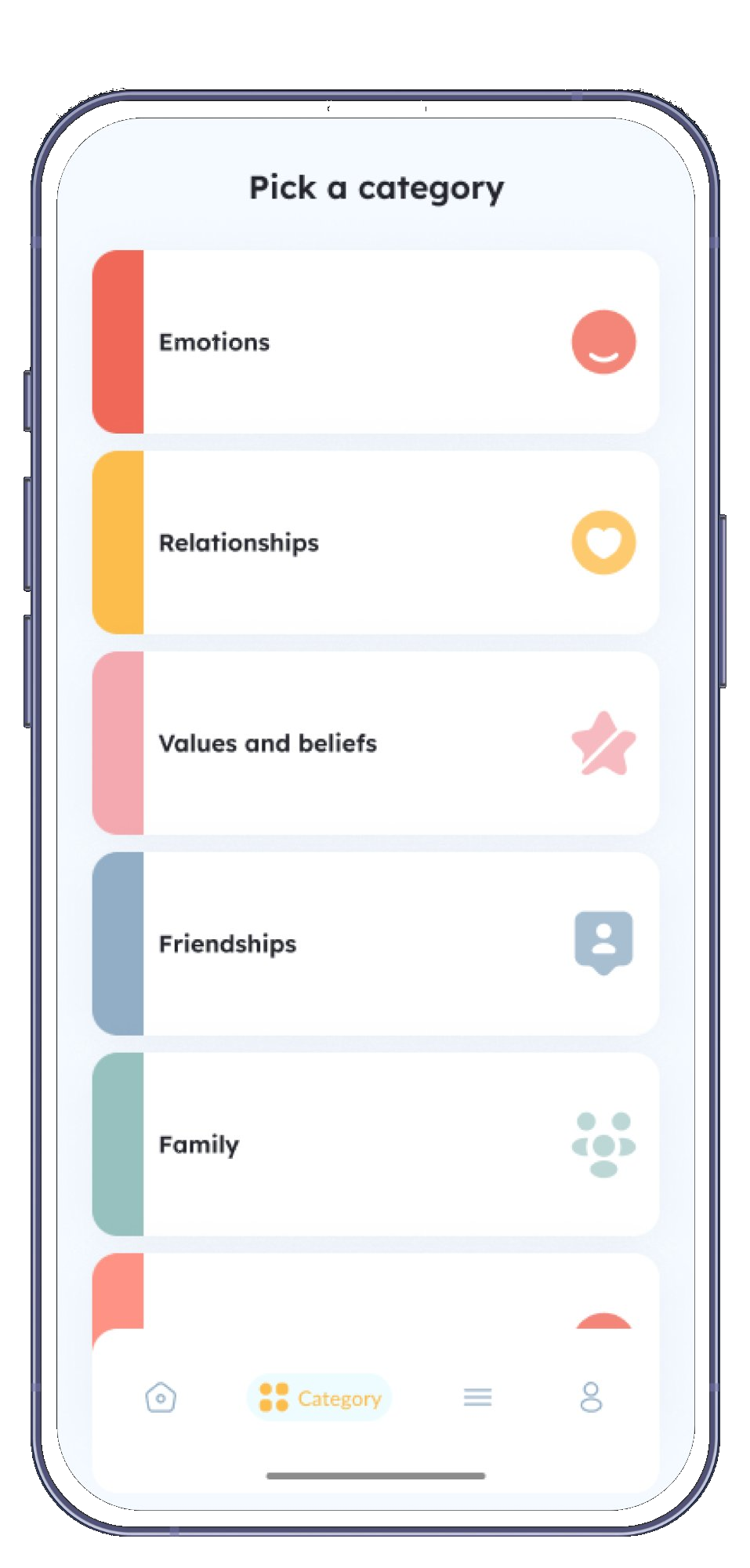 Choose a category screen